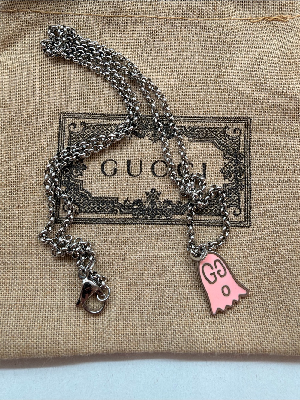 Silver Chain Necklace with Pink Ghost Pendant